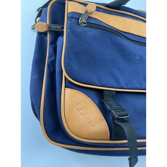 Vintage LL Bean Bag Blue Tan Waxed Canvas Laptop School 18 x 12 Work Career - Picture 2 of 12